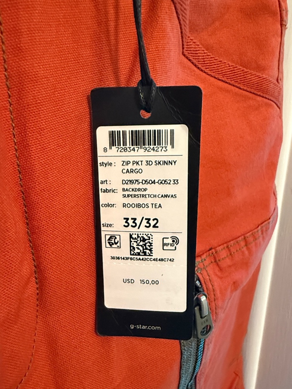 Men's G-Star Zip Pocket 3D Skinny Jeans Rooibos Tea Orange w 33 l 32 - Picture 2 of 5